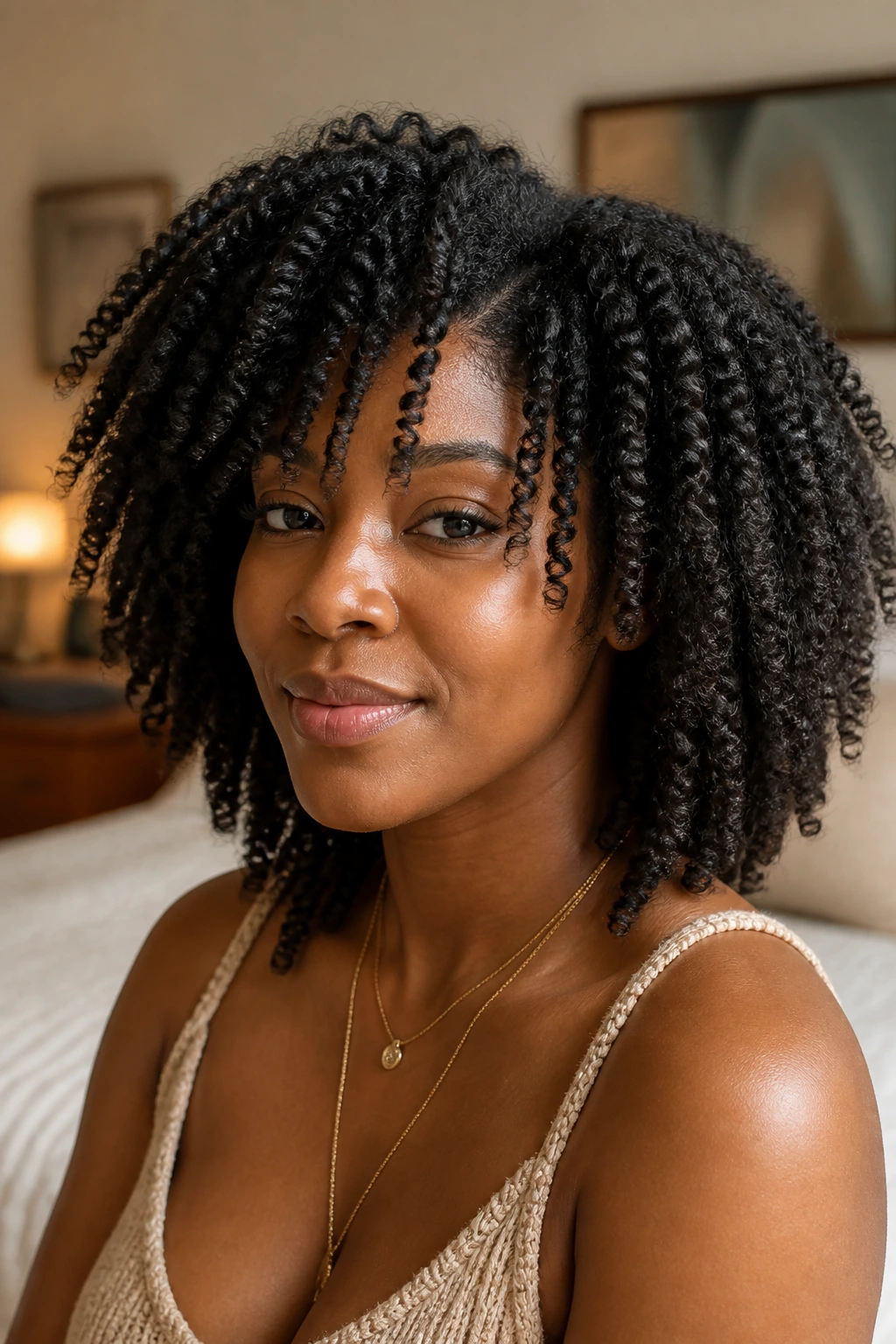 Close-up of a real woman with a twist-out and stretched ends, defined curls