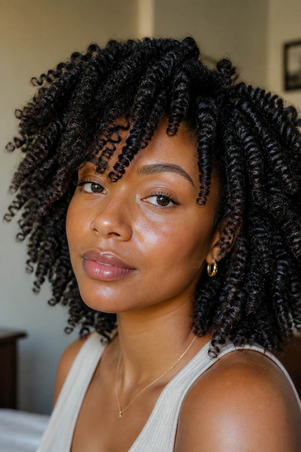 Real woman with twist-out on stretched hair, defined twists