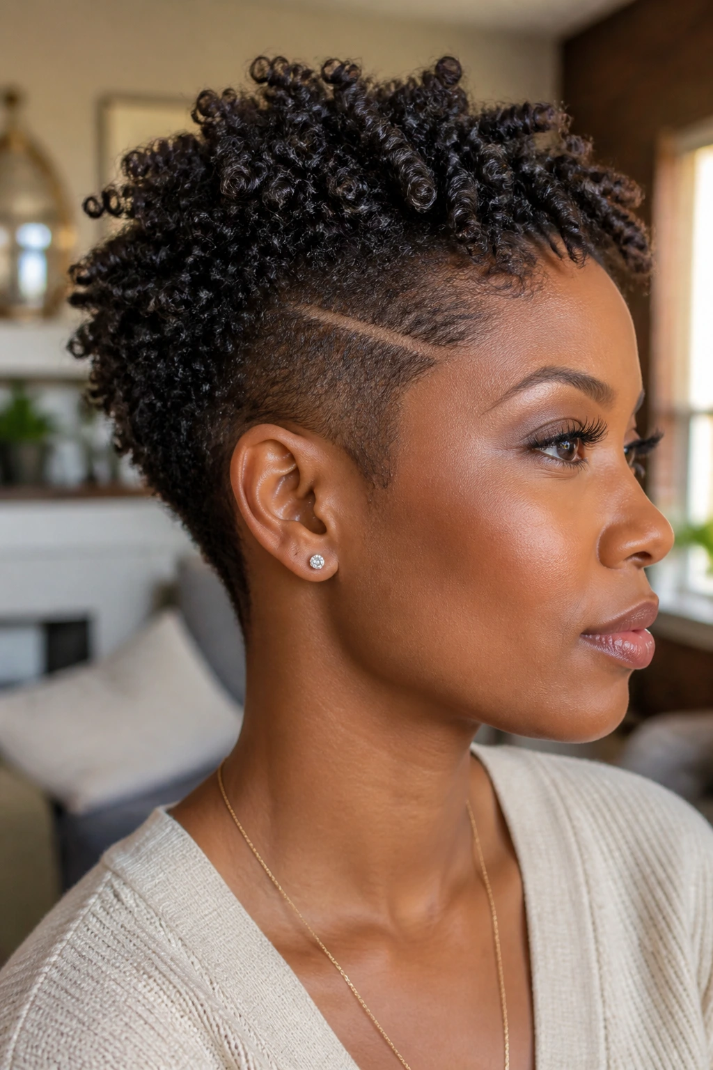 Real Black woman with twist-out and temple slash viewed in profile