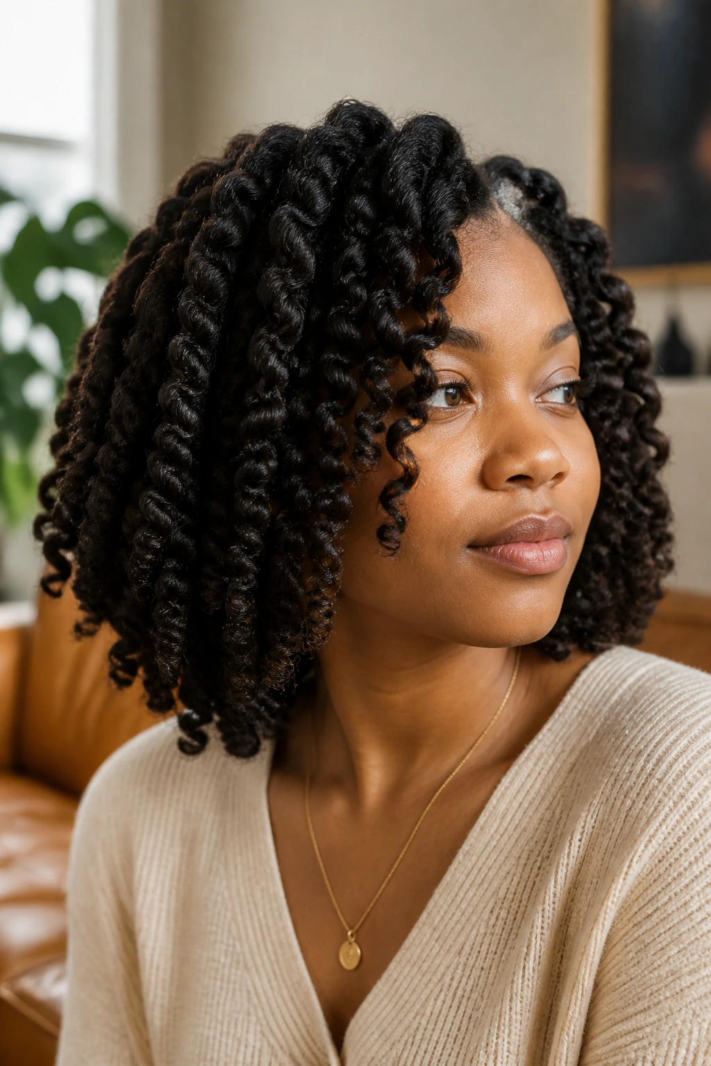 Real woman with chunky two-strand twists and thick curls in a cozy setting