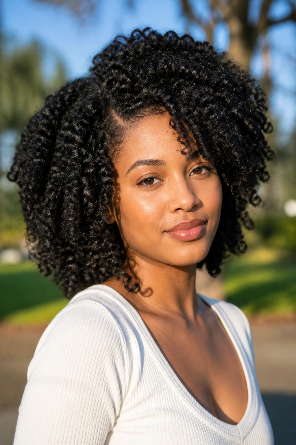 Close-up of a real woman with a twist-out and big volume curls.