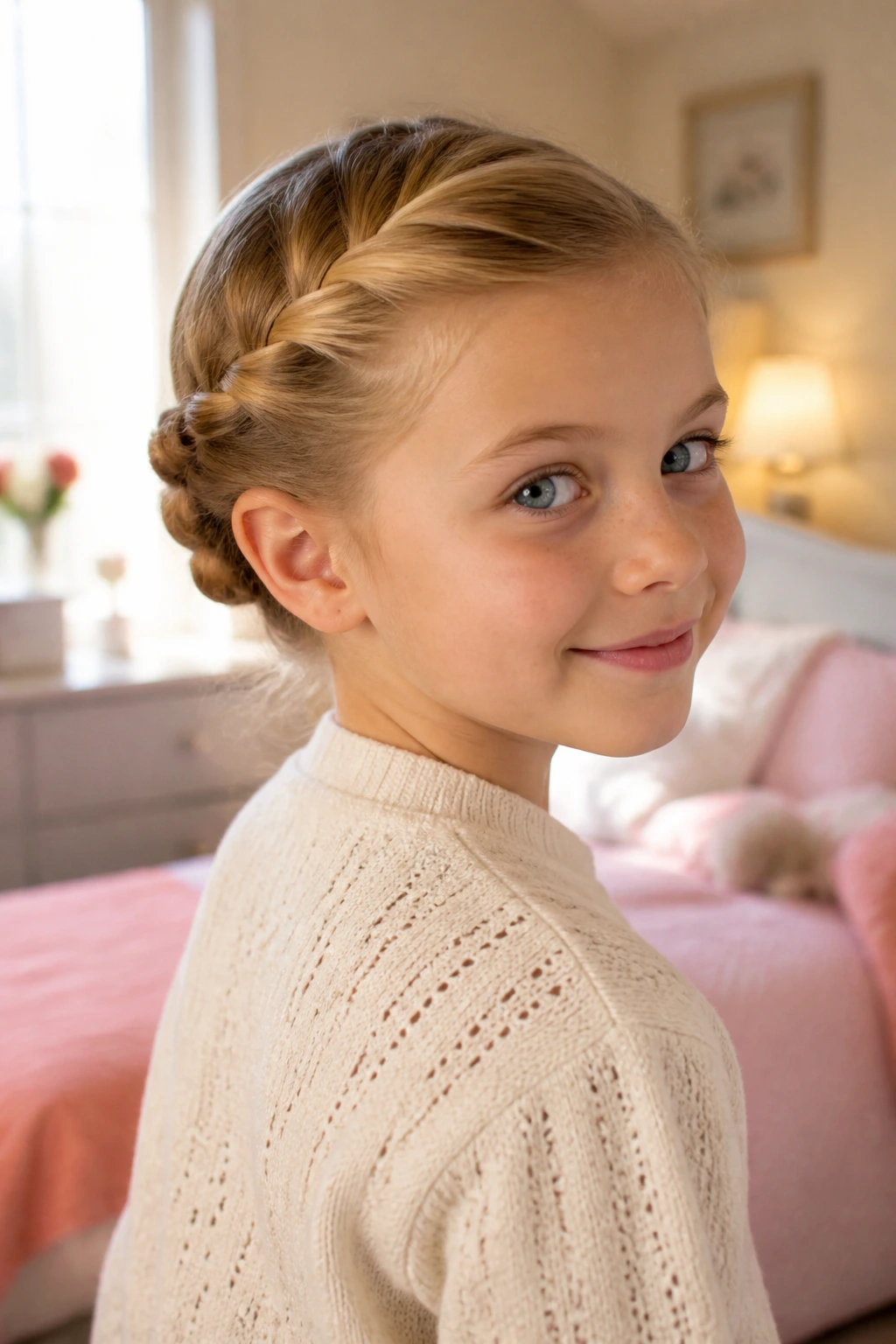 Close-up of a girl with twist-and-pin halo hairstyle in warm bedroom light