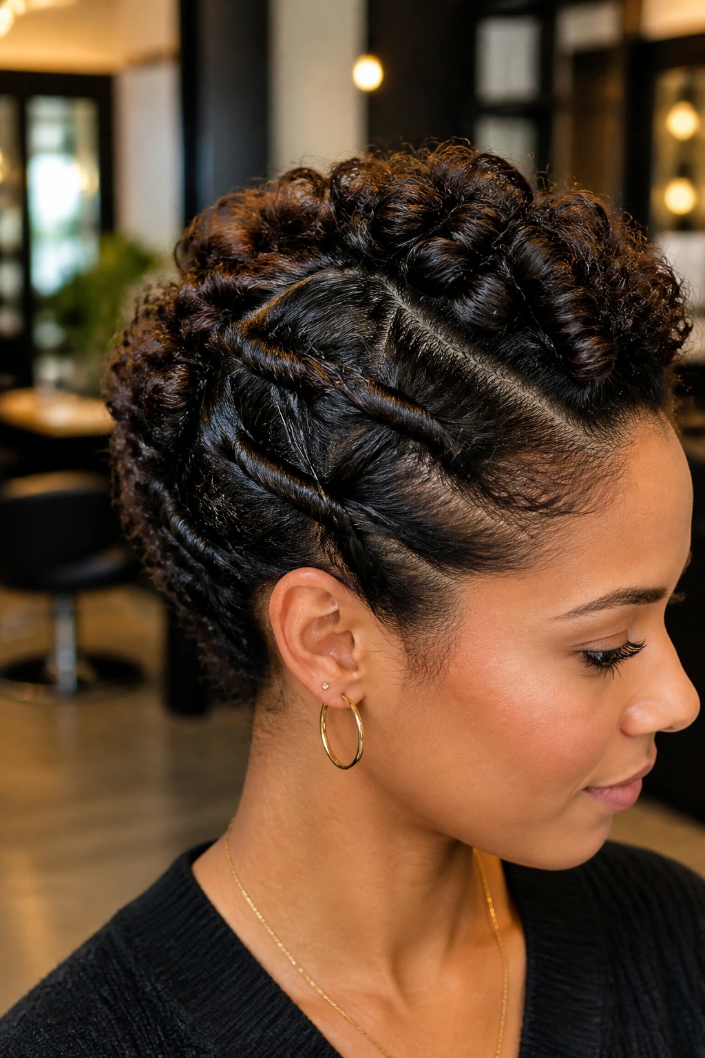 Real person with a twist-and-pin updo on short hair in a salon setting.
