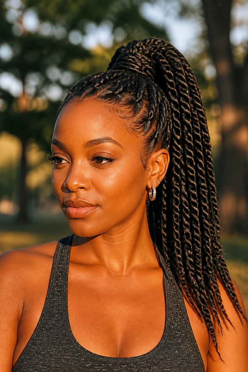 Real woman with twist ponytail high and wrapped at the base in natural light