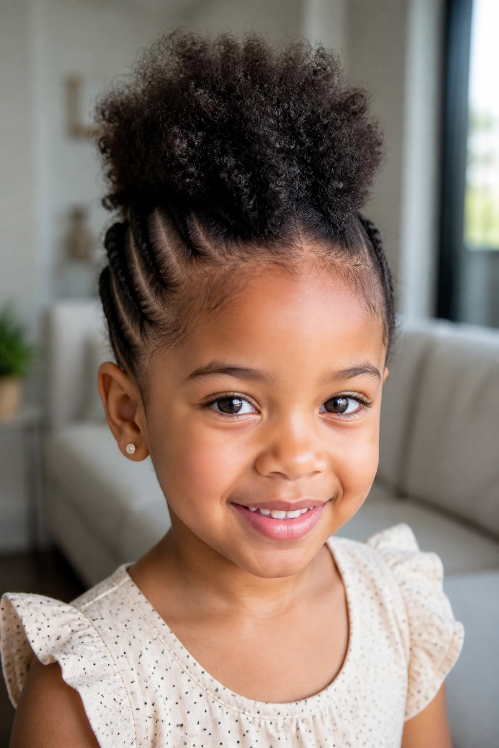 Close-up of a girl with twist-to-puff mohawk in a sunlit living room