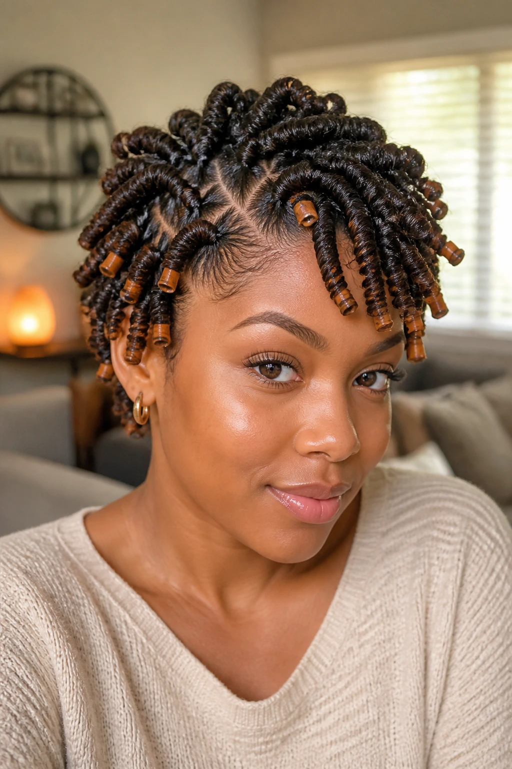 Close-up of real Black woman's twist-and-rod hybrid hairstyle with ends on small rods.