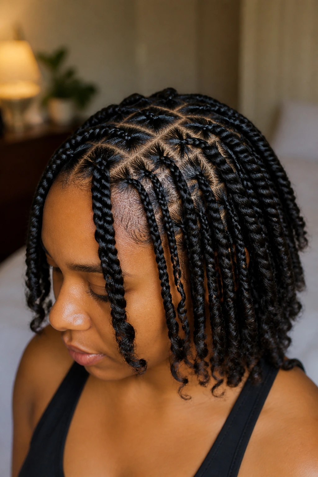 Close-up of a real woman with mixed twist sizes and defined parting