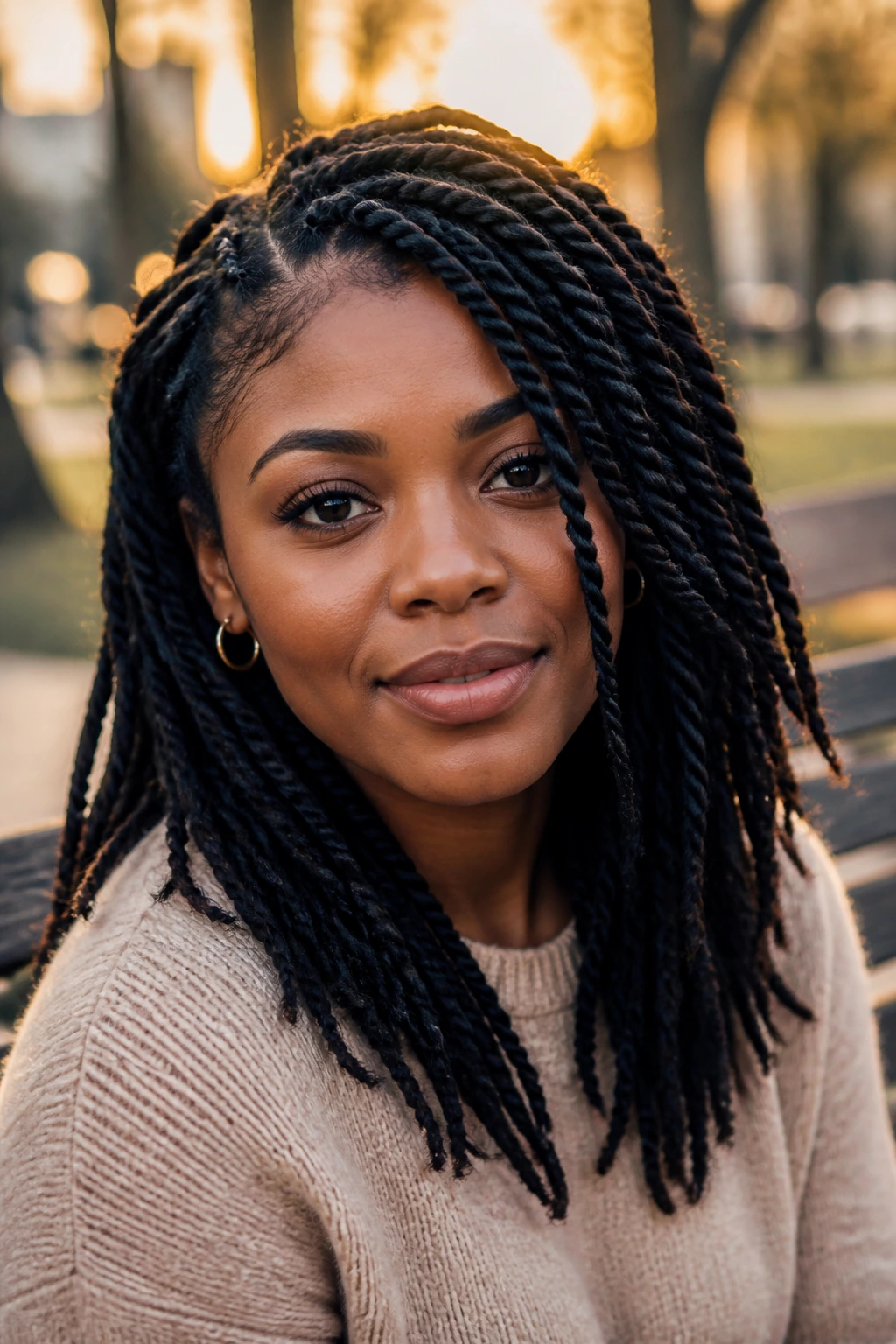 Portrait of a real woman with a repeatable twist style in golden hour light