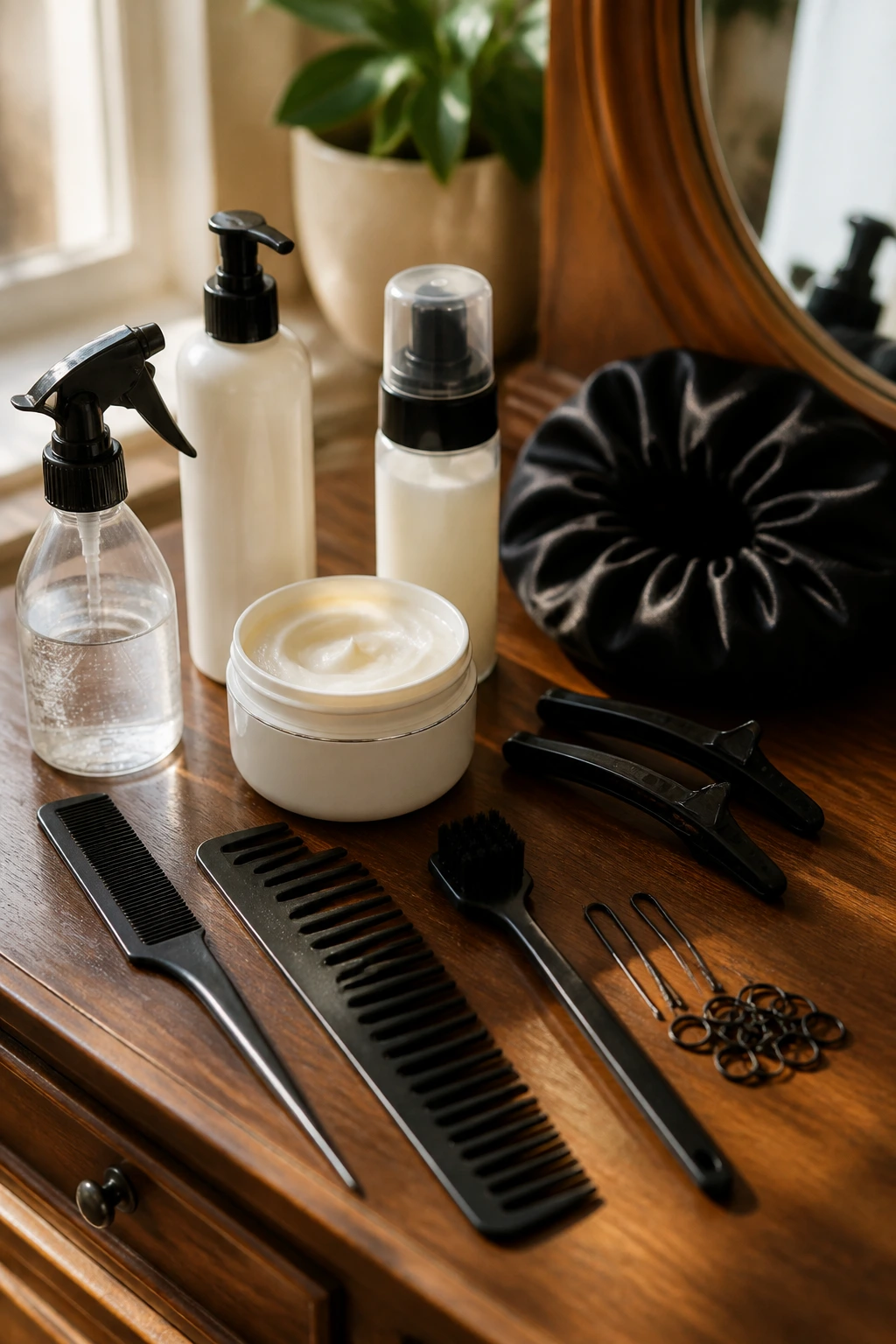 Close-up of essential twist-styling tools on a wooden vanity