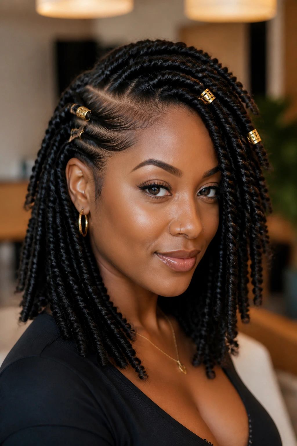 Close-up of a real woman with deep side part and cuffs in twists
