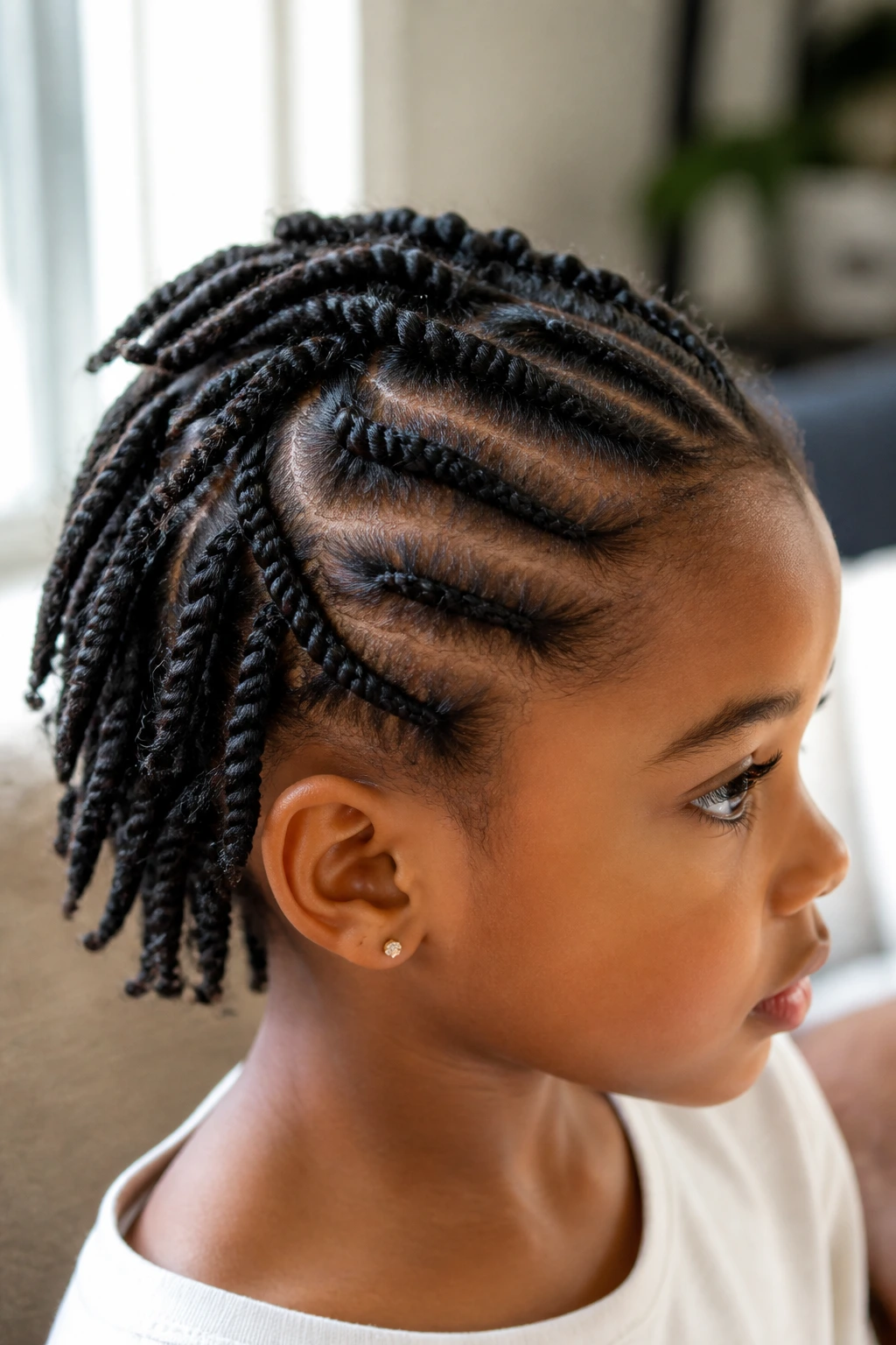 Side-profile of a child with multiple twist variations on the crown