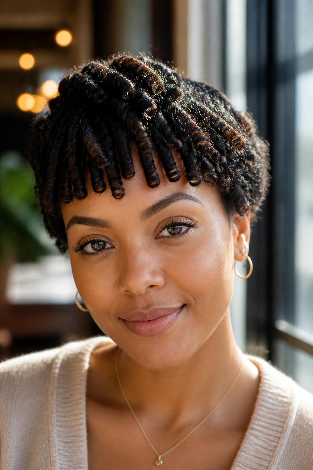 Close-up of a woman with twisted bangs pinned to the crown