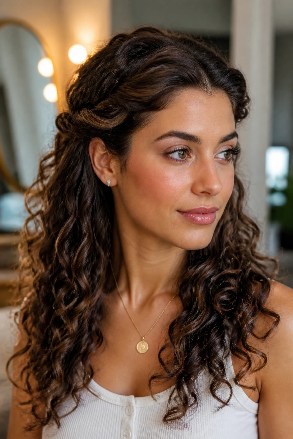 Close-up portrait showing twisted bangs half-up hairstyle on a real person