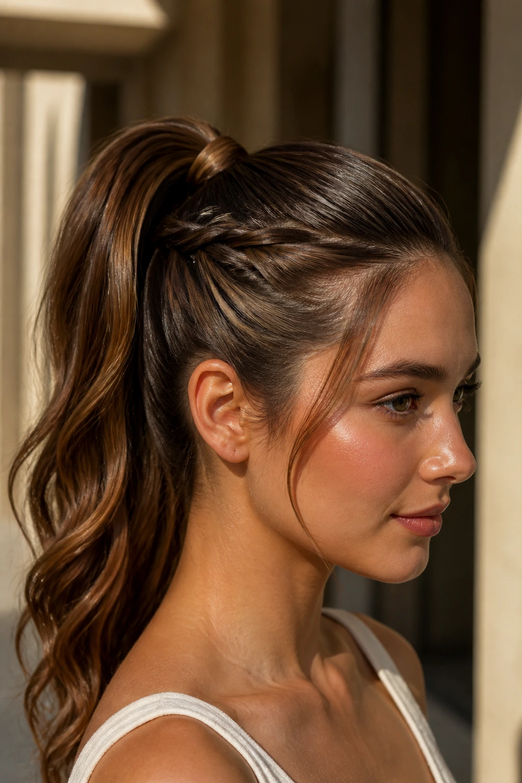 Close-up of a real woman with twisted-base ponytail featuring temple twists into a high ponytail