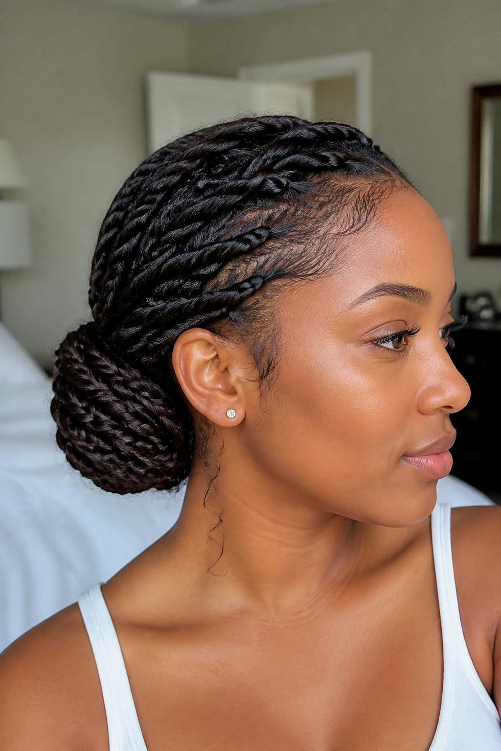 Close-up of a woman with a twisted braid bun at the nape
