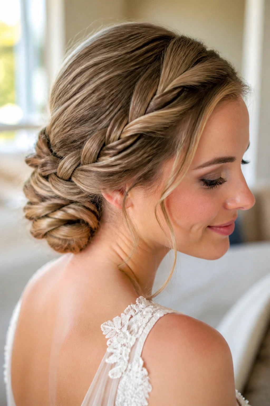 Close-up of a real bride's twisted braid bun at the nape in a sunlit bridal suite