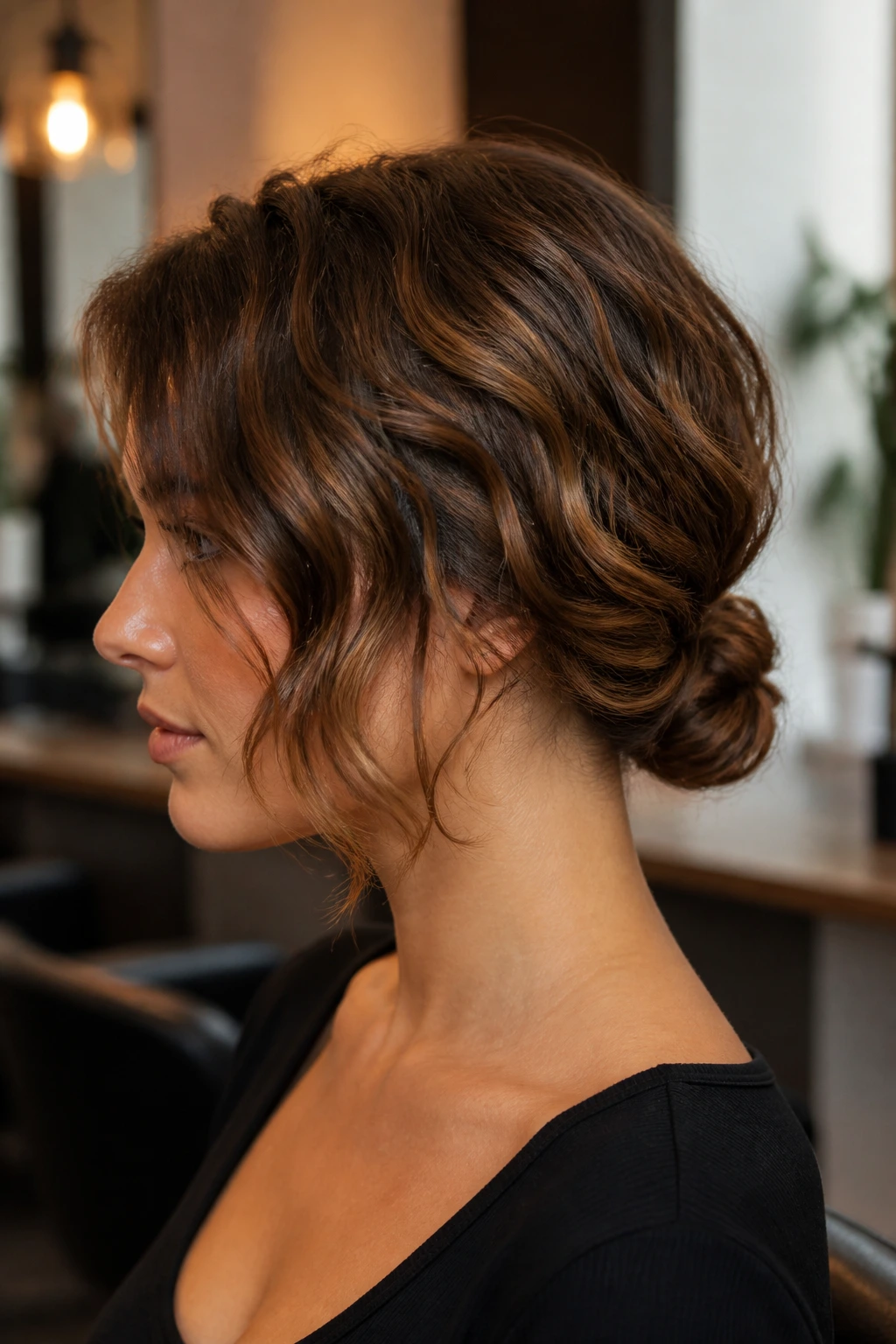 Close-up of a woman with a low twisted bun at the nape and chin-length wavy hair