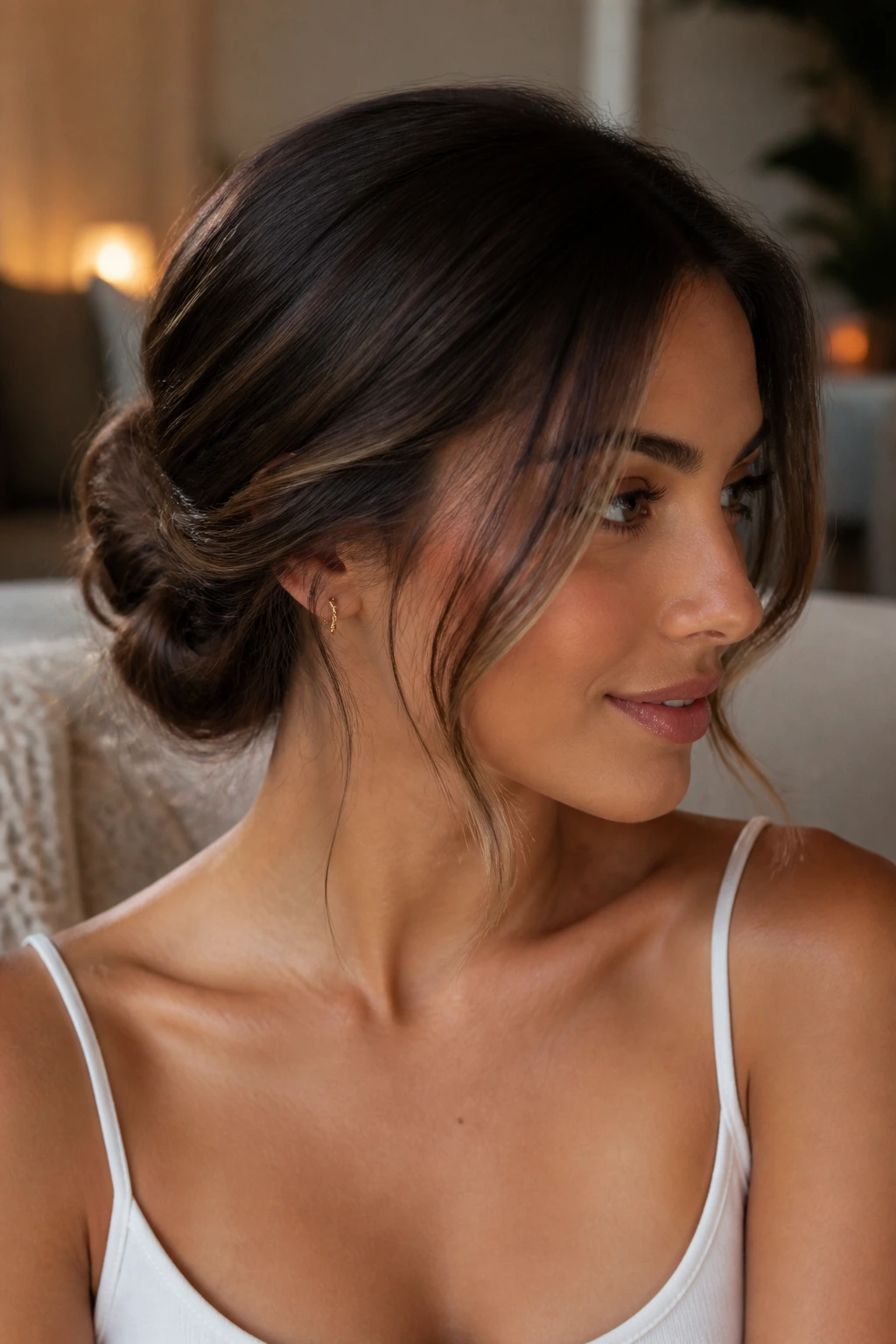 Portrait of a woman with a low twisted bun and loose face-framing pieces at the sides
