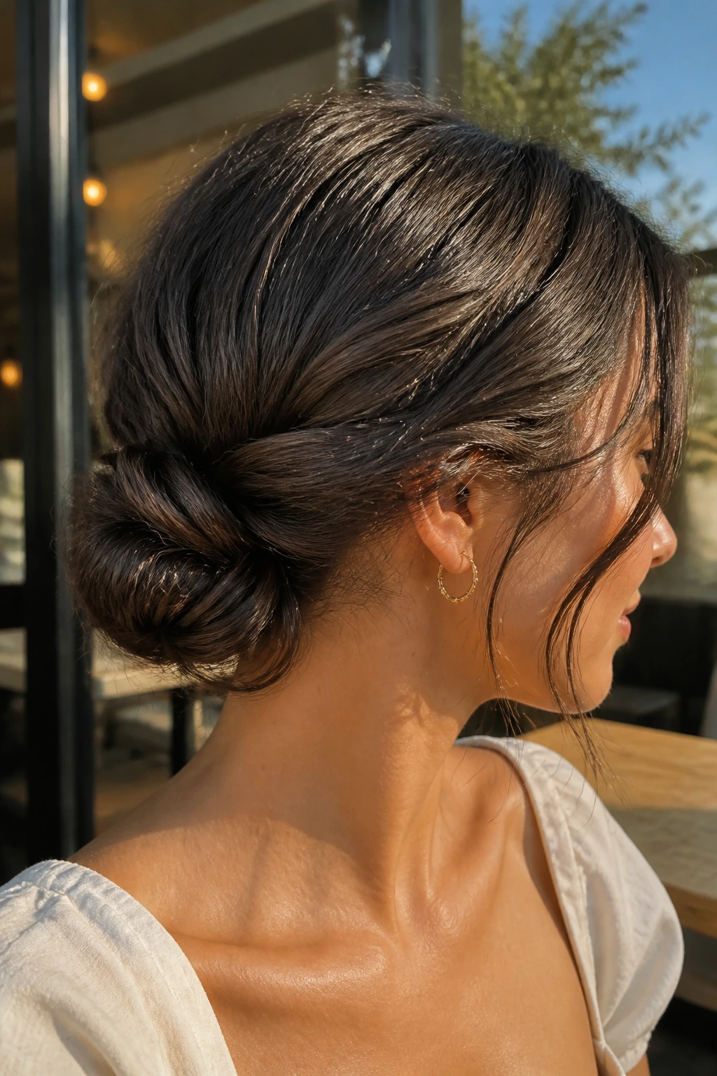 Close-up portrait of a real woman with a twisted low bun at the nape and hidden pins, natural light