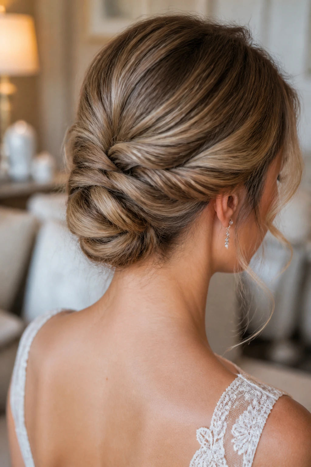 Close-up of a real bride's soft twisted nape bun with visible twists