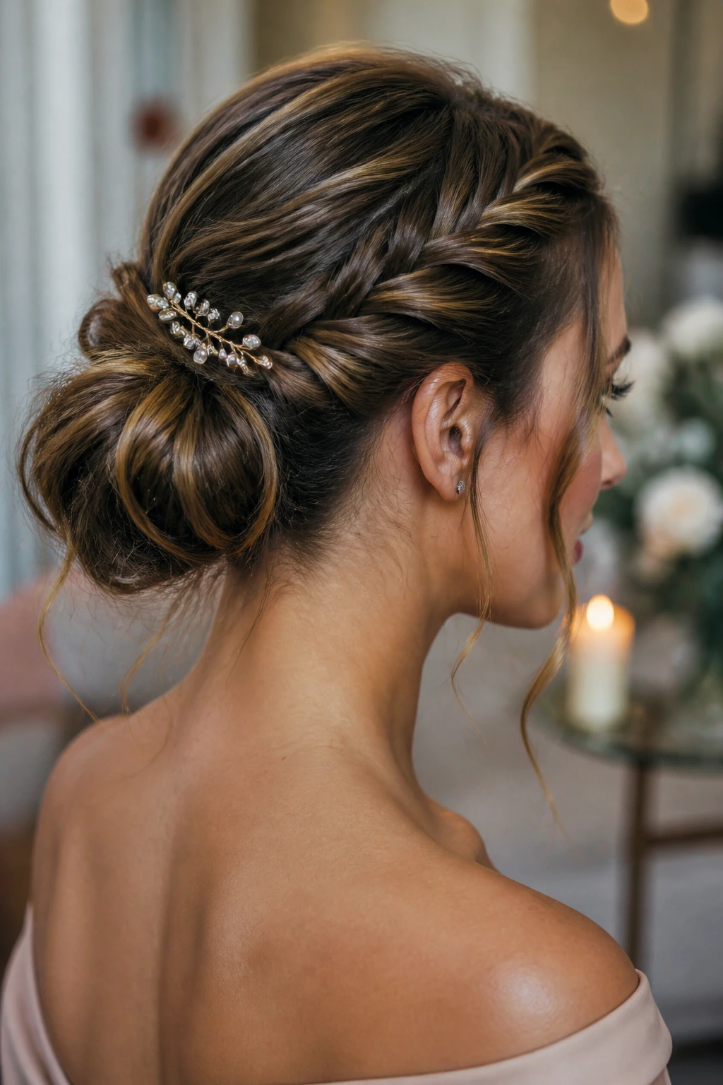 Wedding-guest twisted bun on a real woman with temple twists to a low bun