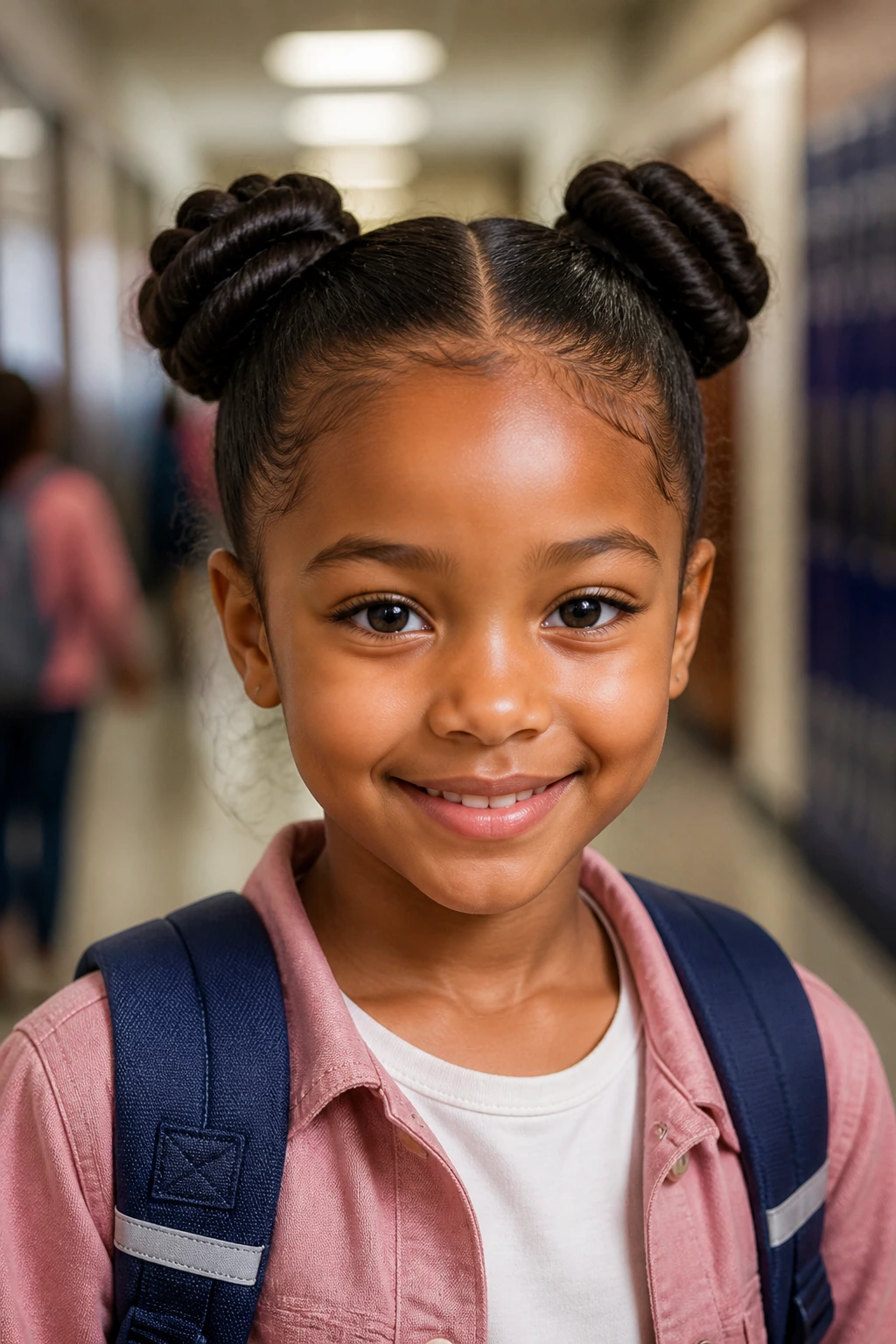 Close-up of a child with two neat twisted buns in a school hallway.