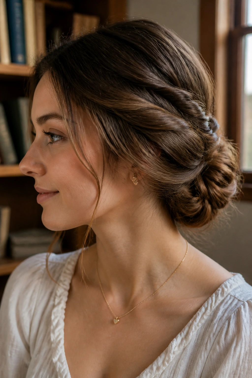 Close-up of a graduate with a soft twisted chignon beneath a cap