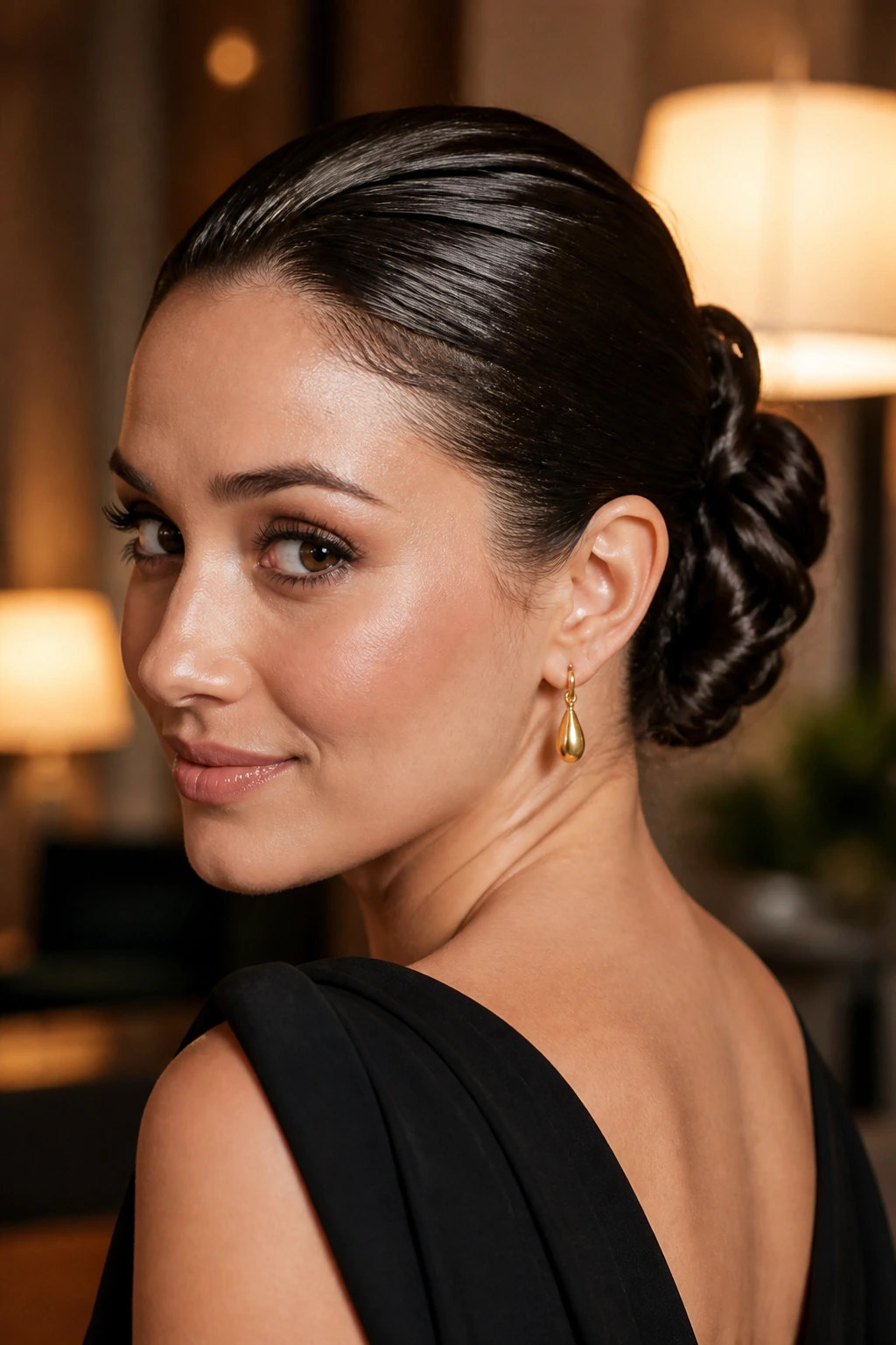 Close-up of a real woman with a twisted chignon in warm evening light