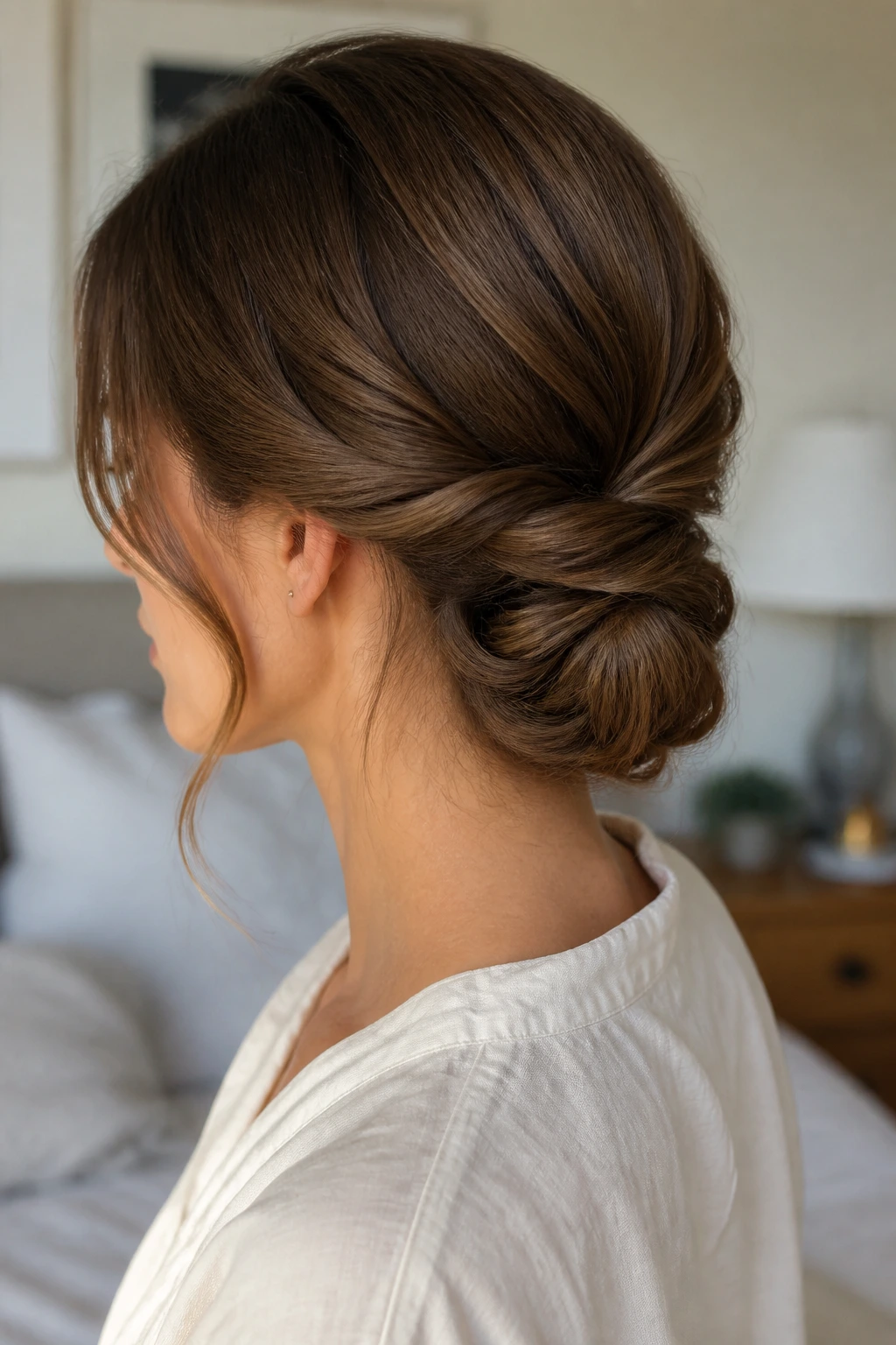 Close-up of real woman with a low twisted chignon at the nape