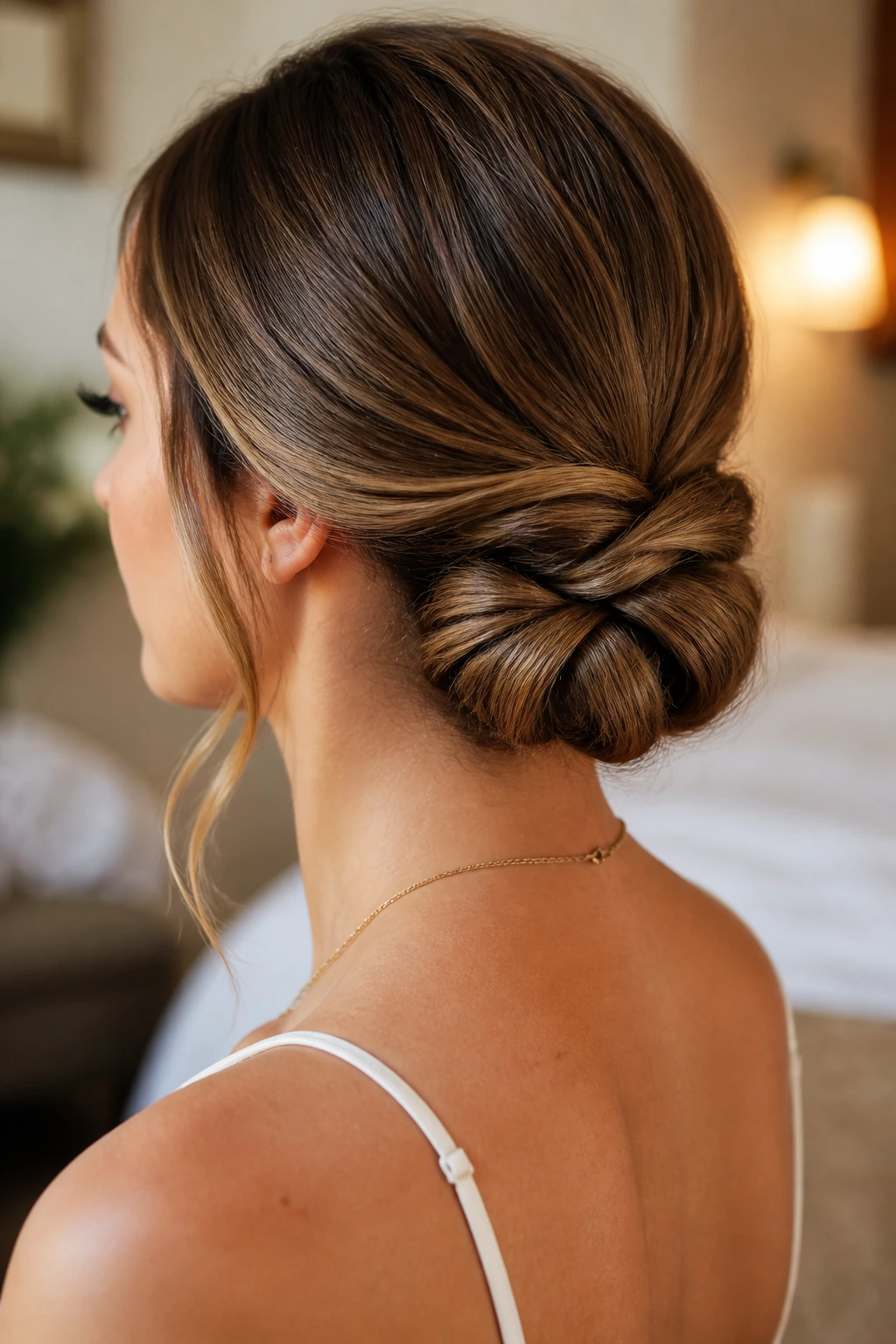 Close-up of a real woman with a polished low twisted chignon at the nape