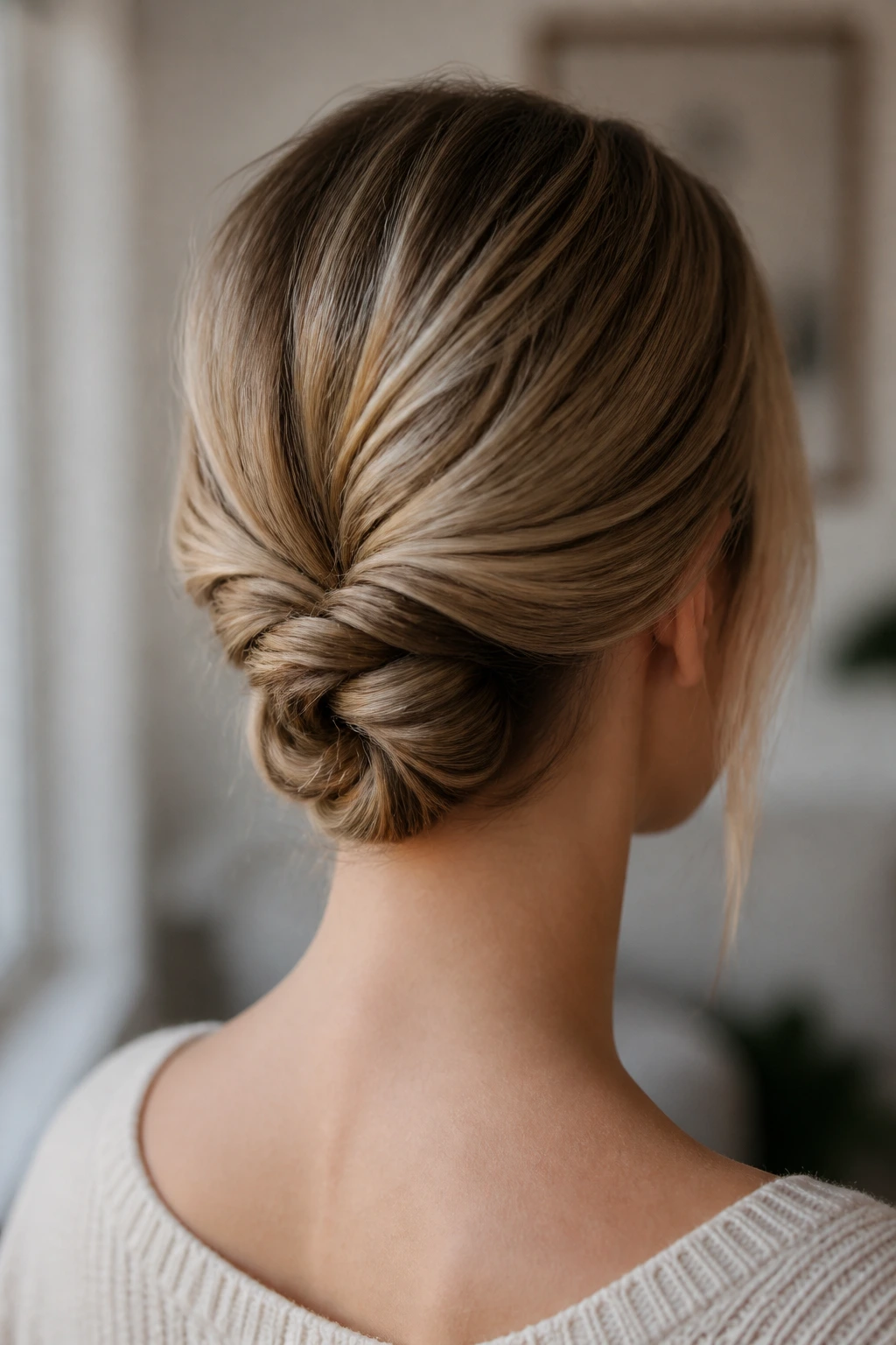 Close-up of a twisted chignon at the nape on a real person
