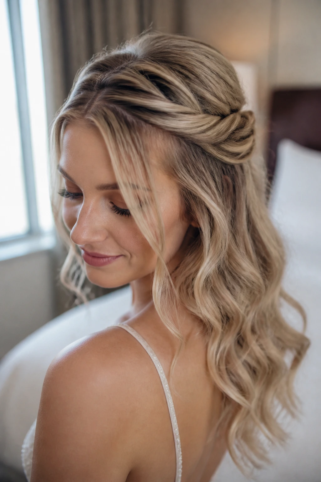 Real woman with soft twisted crown and beach waves hairstyle for prom