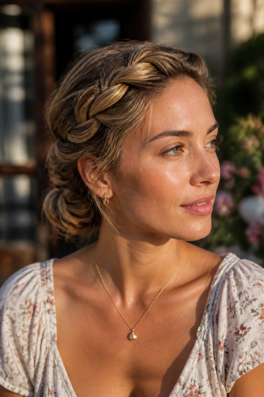 Close-up of a real woman with twisted crown into a low bun in golden hour light