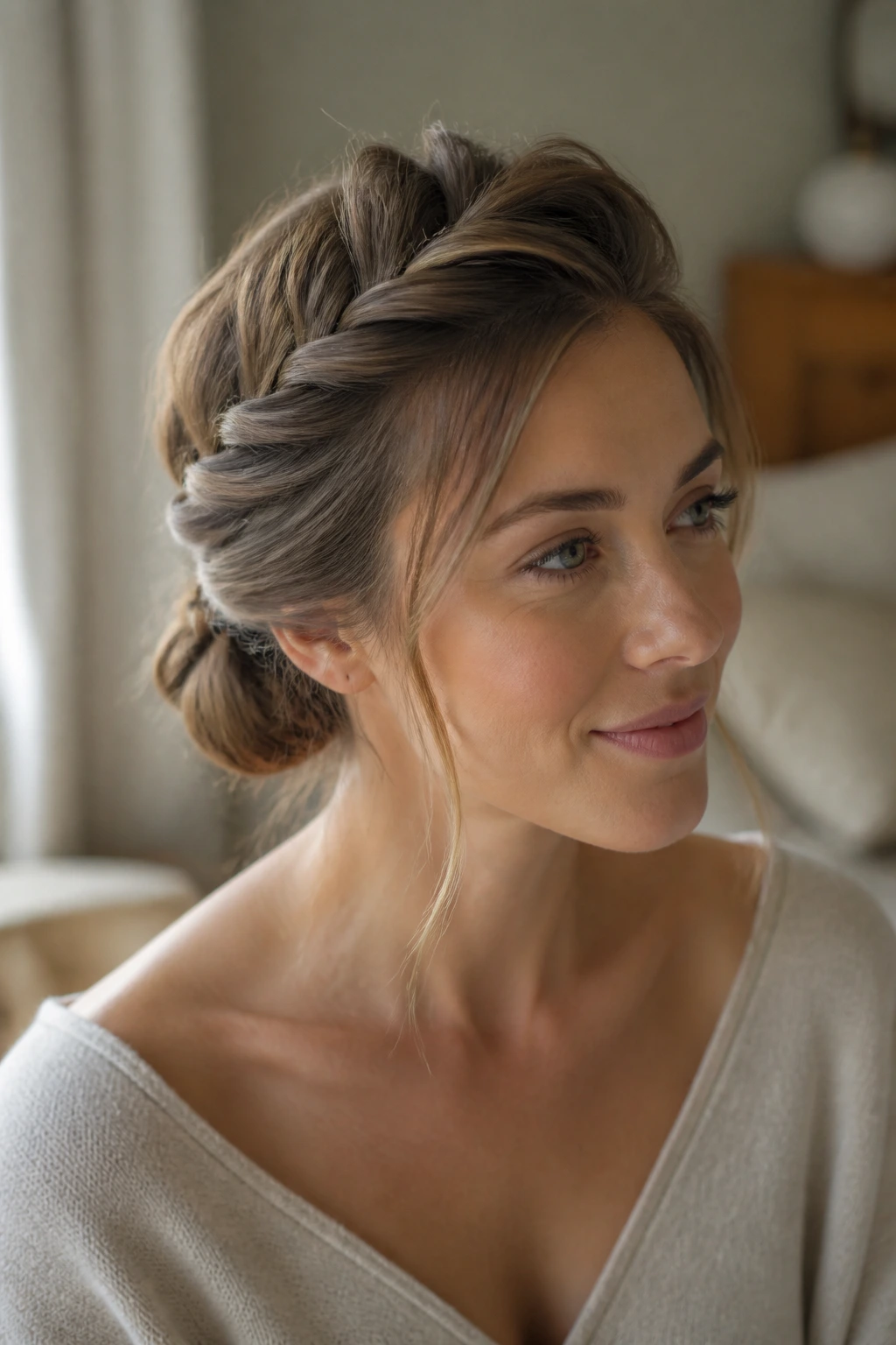 Close-up of a real woman wearing a twisted crown bun around the crown with soft dimensional shaping.