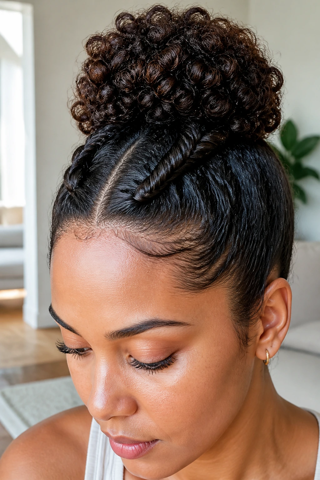 Close-up of a woman with two front twists into a crown bun