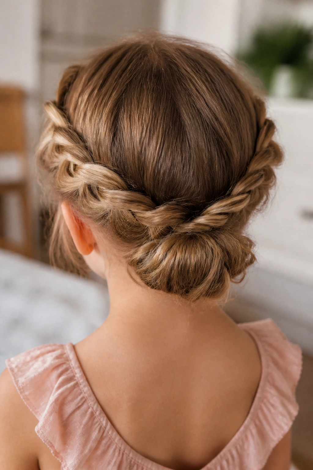 Back view of a real girl with twisted crown and low bun
