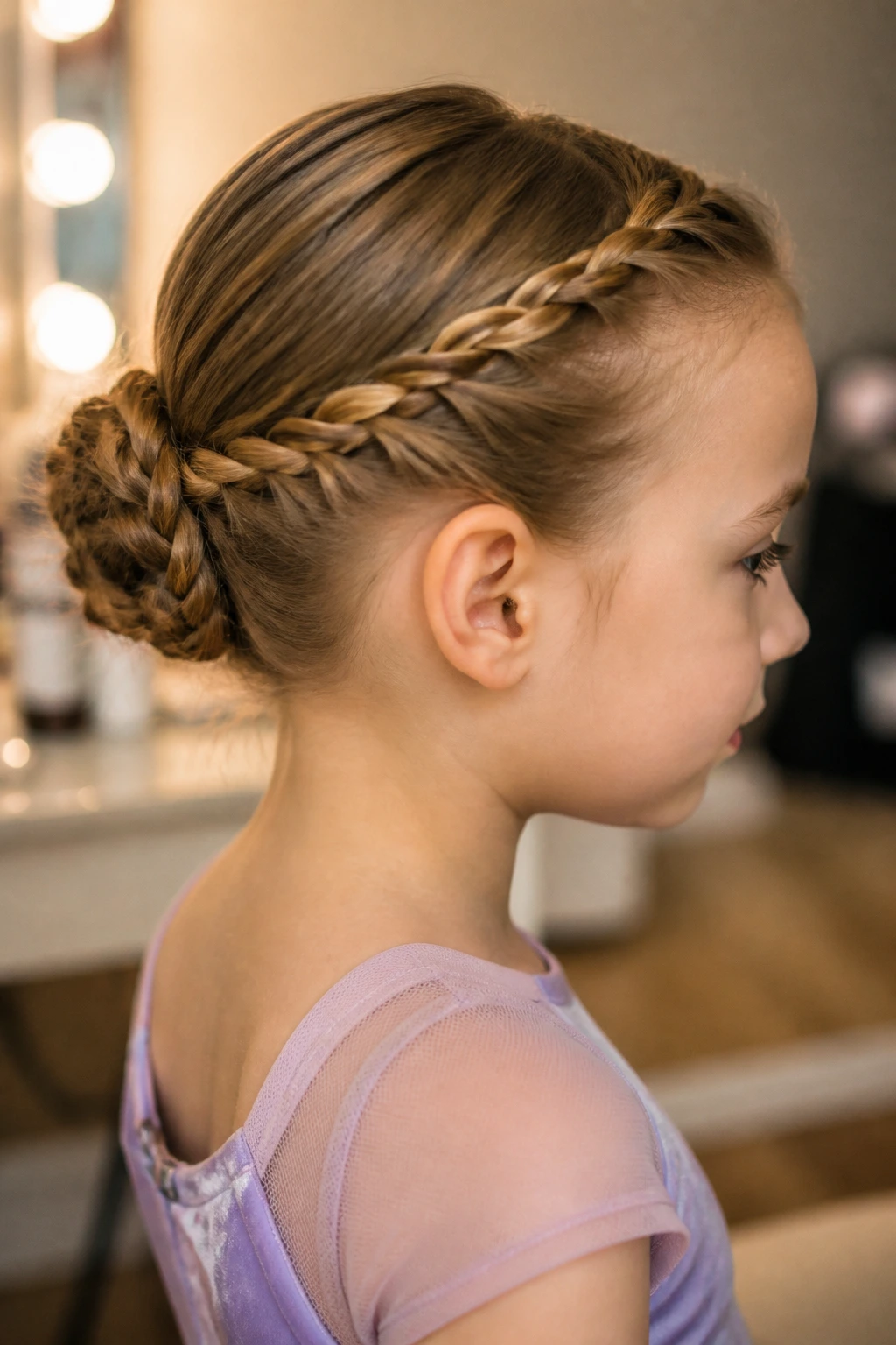 Close-up of child with twisted crown bun