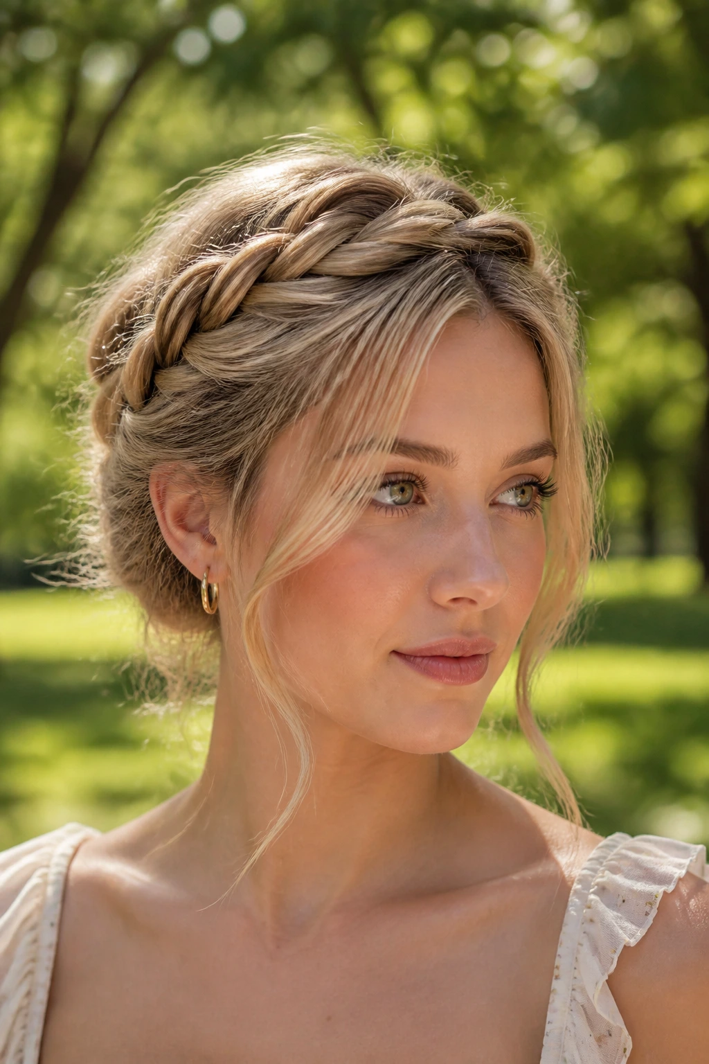 Real person with twisted crown bun and face-framing pieces