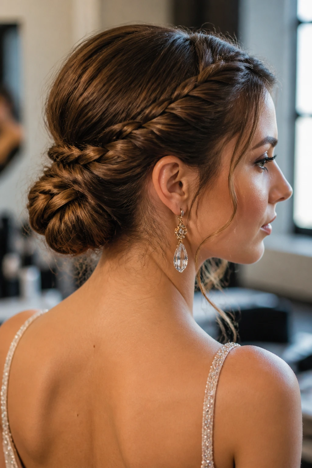 Close-up of a real woman wearing a twisted crown bun with a low central bun