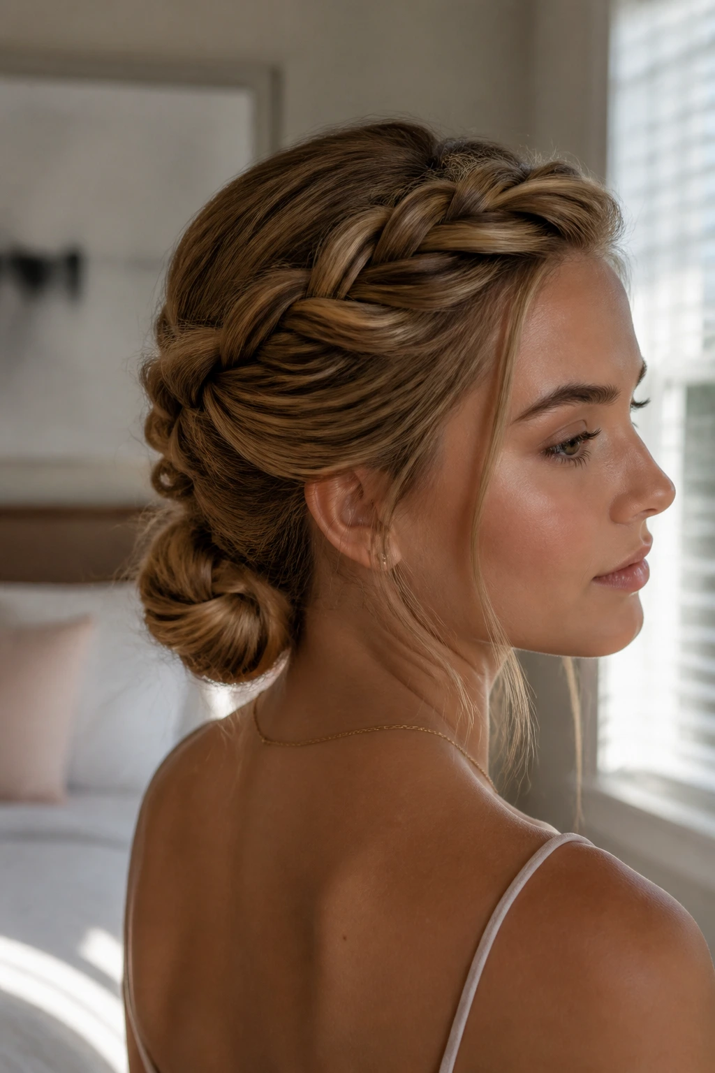 Close-up of a real woman with a twisted crown bun in warm window light