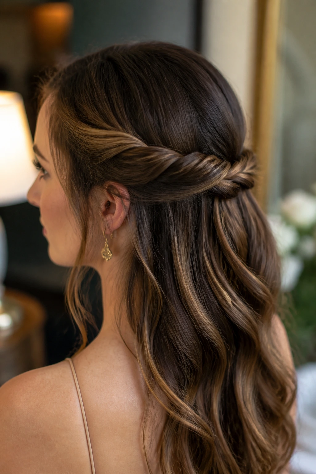 Real person with twisted crown half-up hairstyle