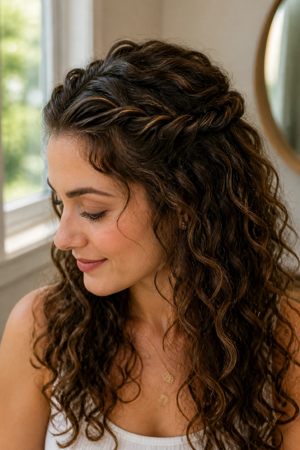 Close-up of a real woman with rope twists at the temples in a twisted crown half-up