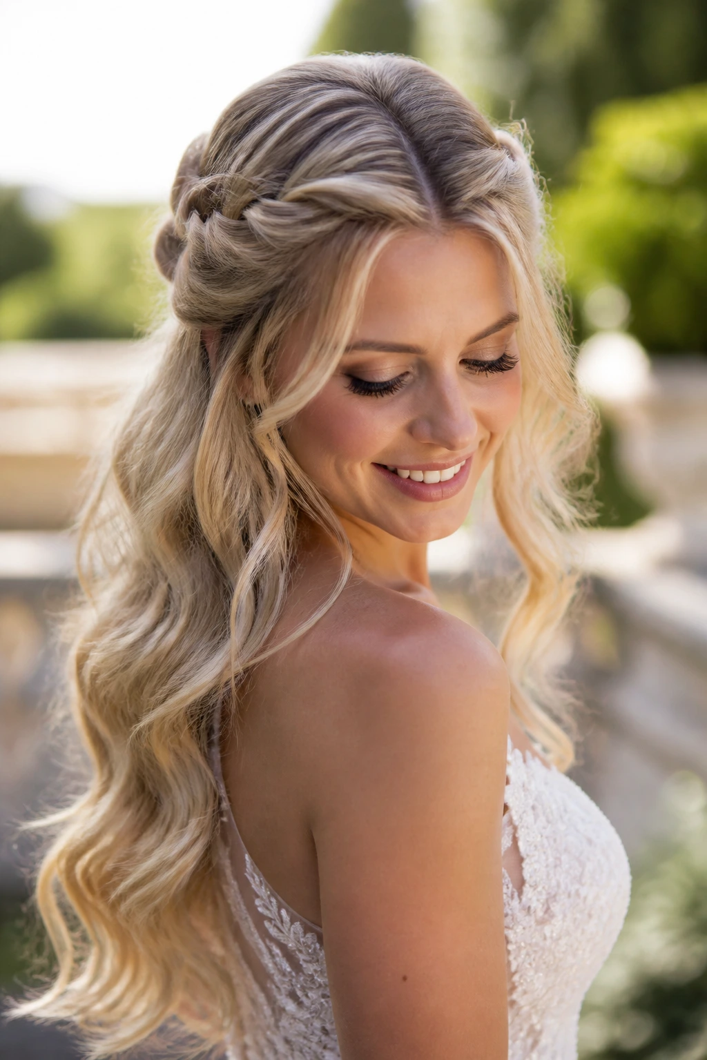Close-up of a real bride wearing a twisted crown half-up with loose waves.