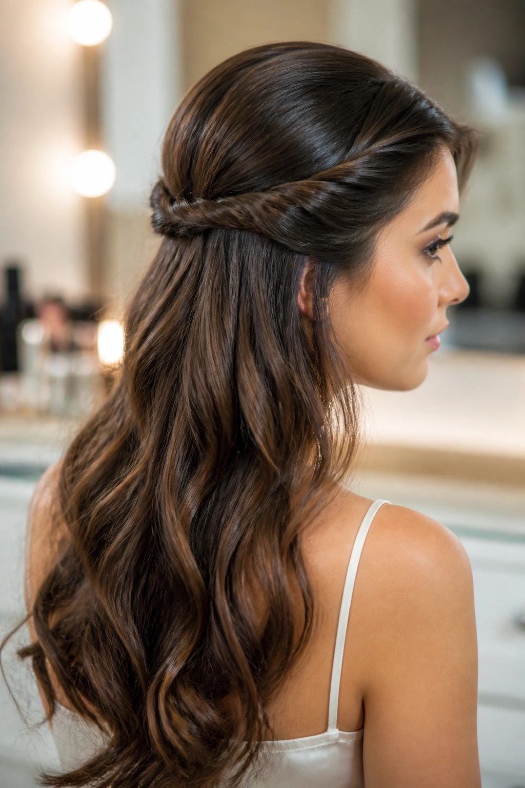 Close-up of a real woman wearing a twisted crown half-up hairstyle.