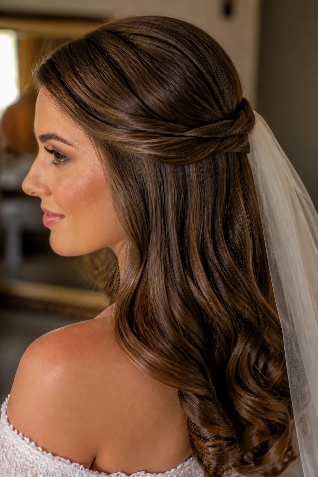 Real woman wearing a polished twisted crown half-up hairstyle with a subtle veil