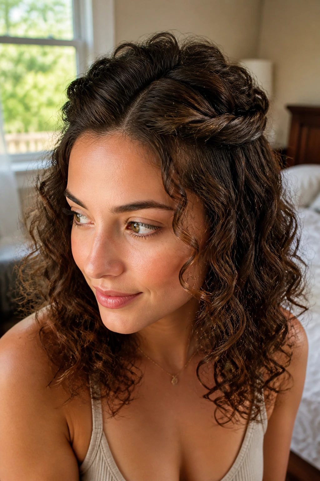 Front view of a real woman with twisted crown half-up hairstyle.