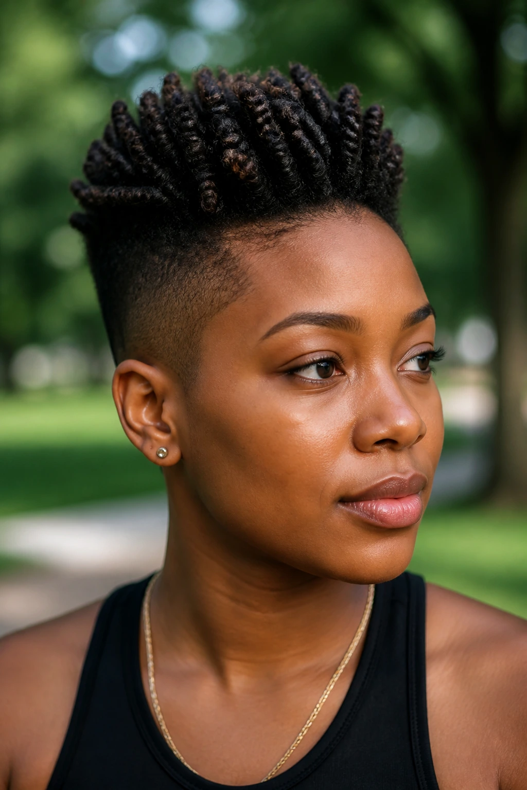 Close-up of a Black woman with twisted-crown high top fade in a park