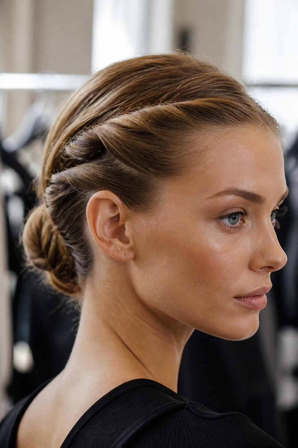 Close-up of a woman with twisted crown into a low knot