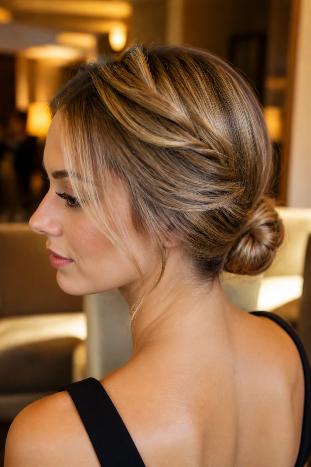 Close-up portrait of a real woman with a twisted crown and low knot
