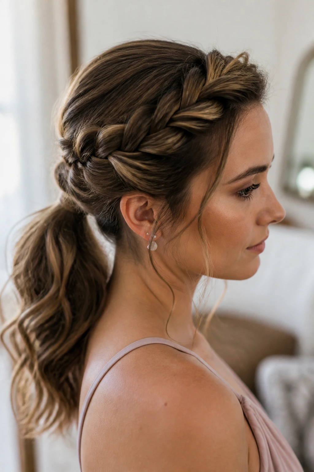 Close-up of a real woman with a twisted crown and low ponytail hairstyle.